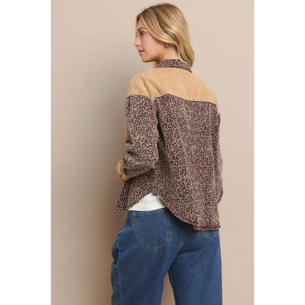 HYFVE Leopard Washed Denim Jacket L 23.5” p2p Brown Combo EUC - Image 5