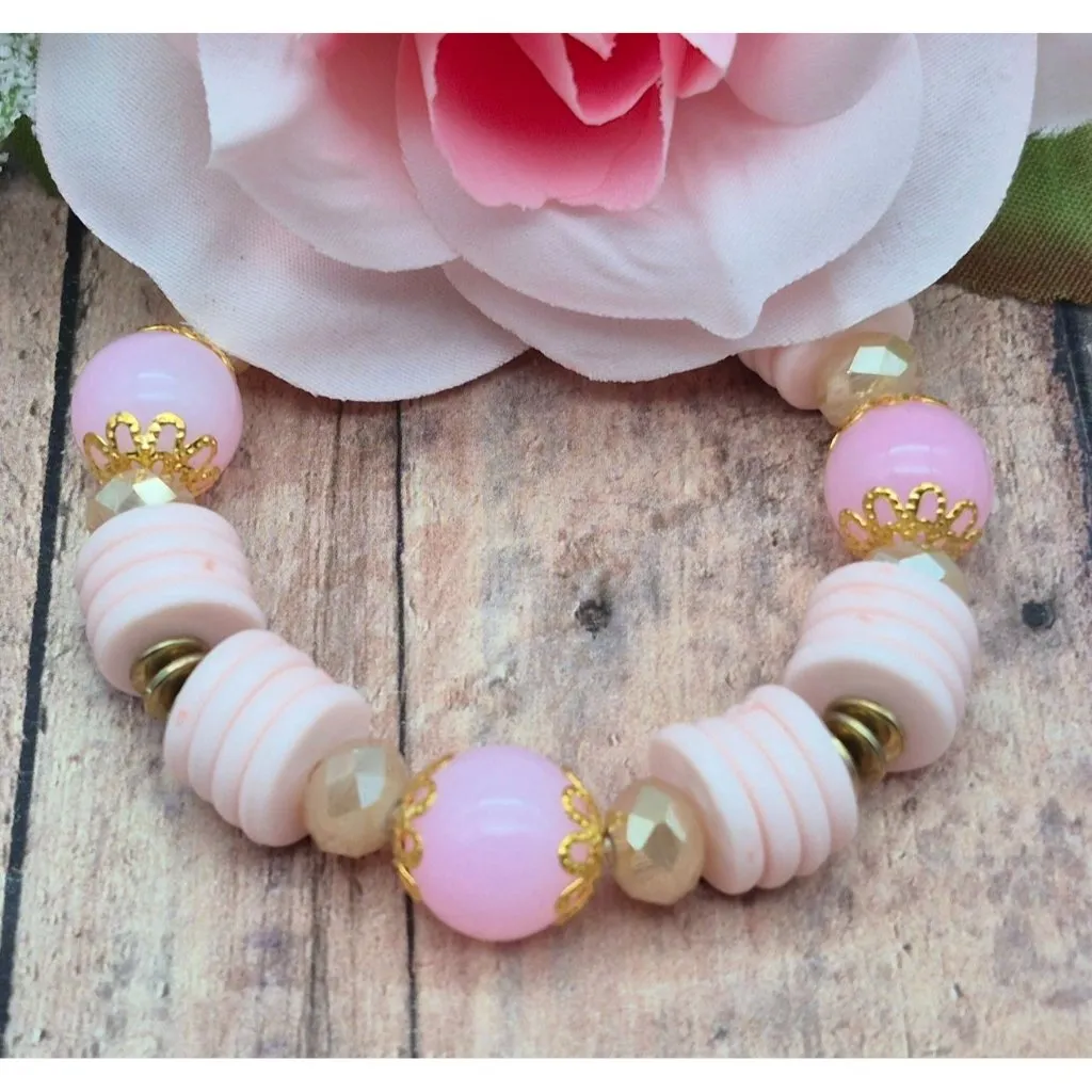 Lot of 2 Artisan Made Gold Tone & Pink Beaded Stretch Bracelet Shark Tooth Charm - Image 9