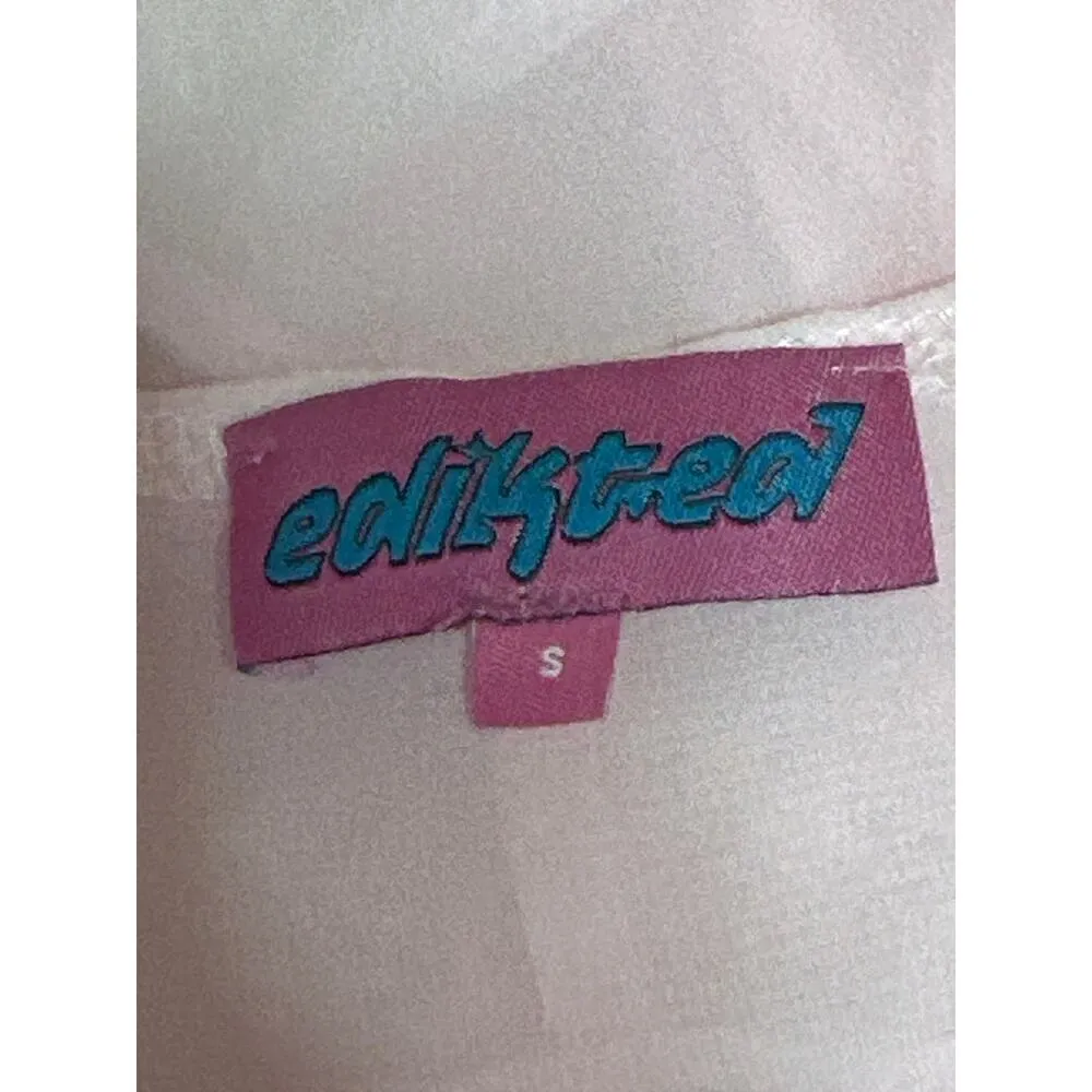 Edikted Women's Pink Long Sleeve Ruffle Plunge Tie Peplum Blouse Crop Top Size S - Image 4