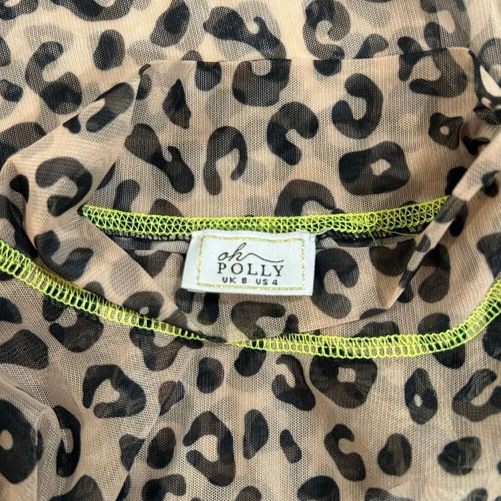 Oh Polly Leopard Mesh Bodysuit Size 4 Sheer Long Sleeve Snaps Y2K Clubwear - Image 3