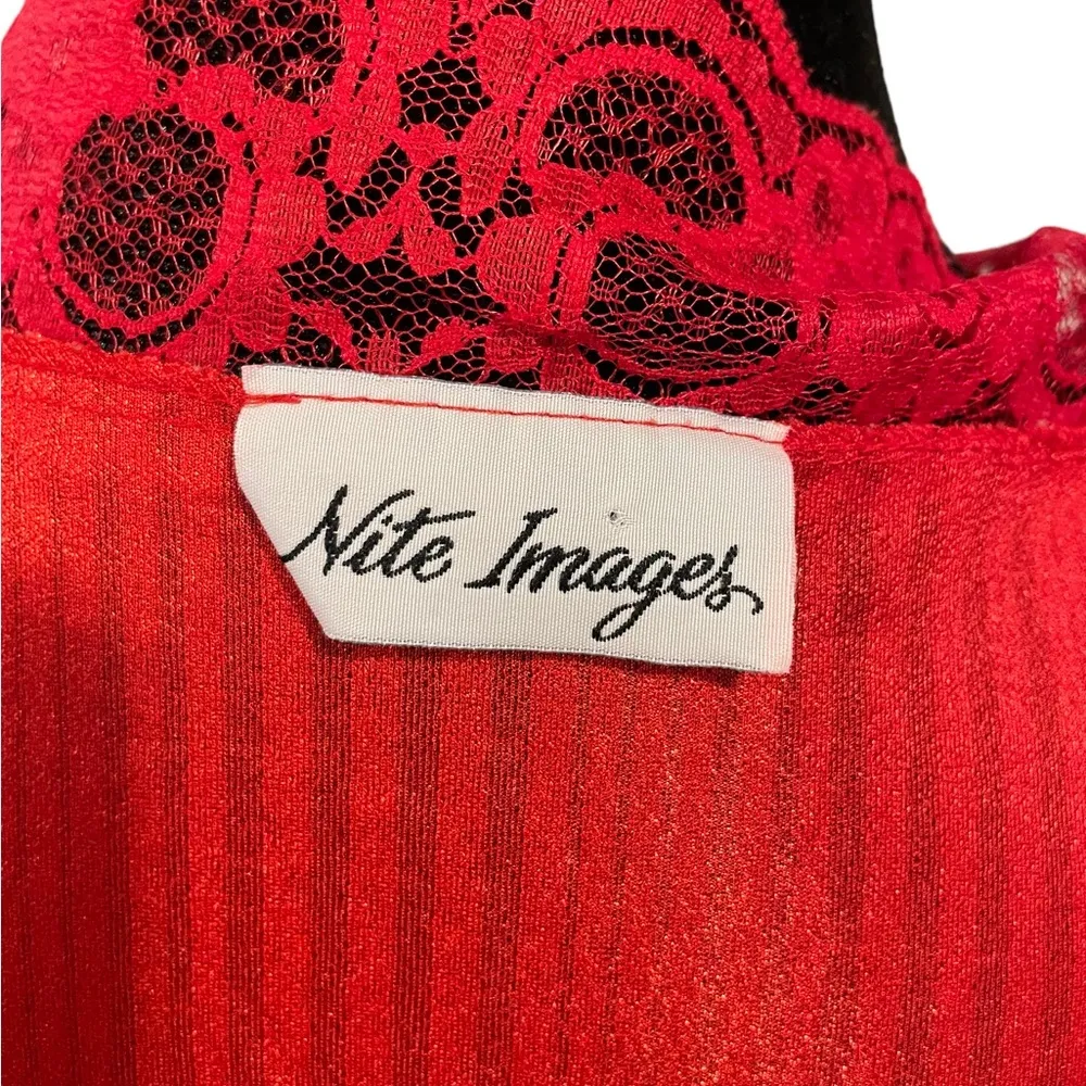 Nite Images Vintage Lipstick Sultry Red Satin Silky Shimmer Striped Lace Robe Size L - Image 7
