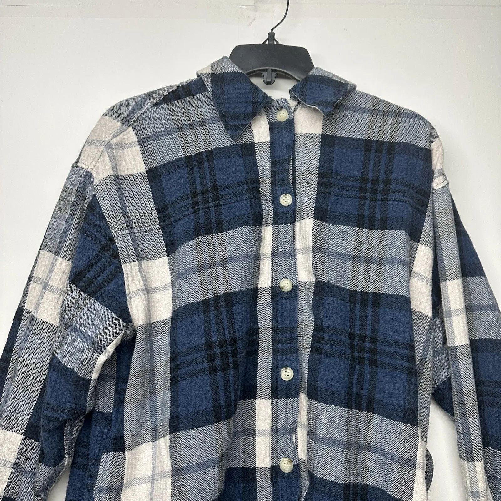 H&M Oversized Shirt Jacket Womens Small Blue White Plaid Shacket Cotton Pockets - Image 4
