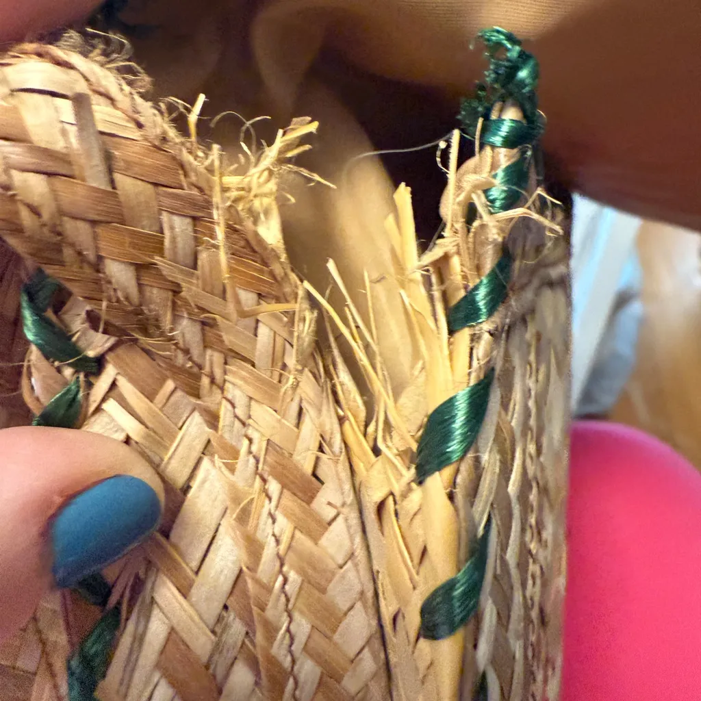 Vintage 1960s Woven Straw Purse Handbag Boho Flowers Green Orange Yellow - Image 7