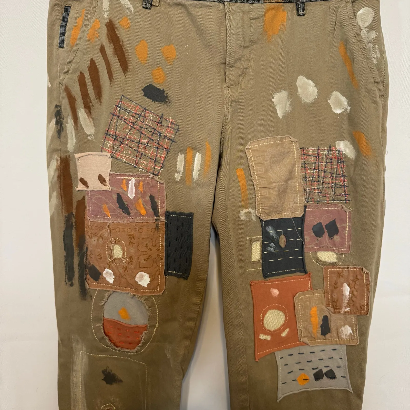 Pilcro Hyphen Collab Patchwork Painted Chinos Pants Women’s Sz 28 Anthropologie Brown - Image 4