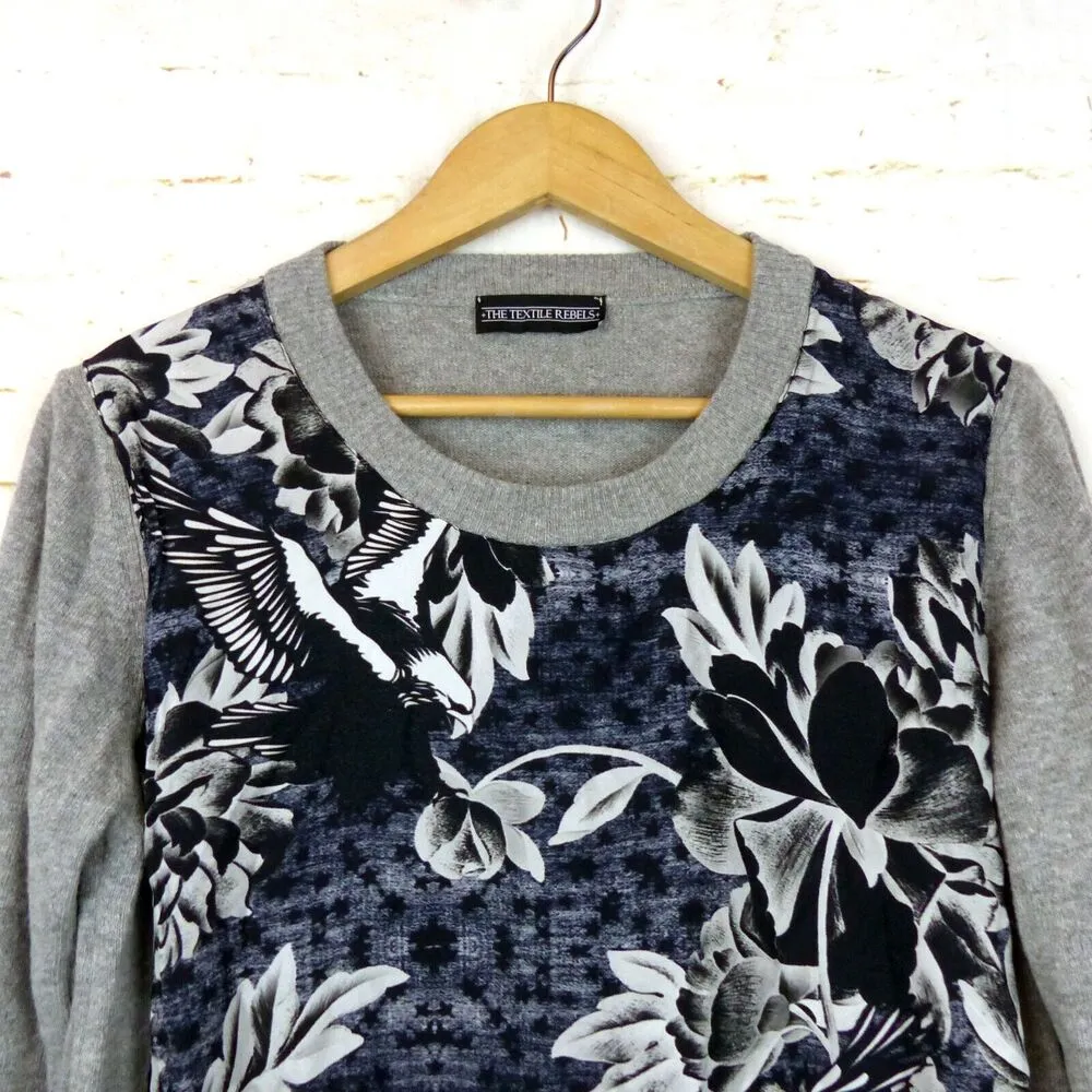 Textile Rebels Top Women M Gray Knit Cashmere Blend Silk Floral Print Italy Y2K Size M - Image 3