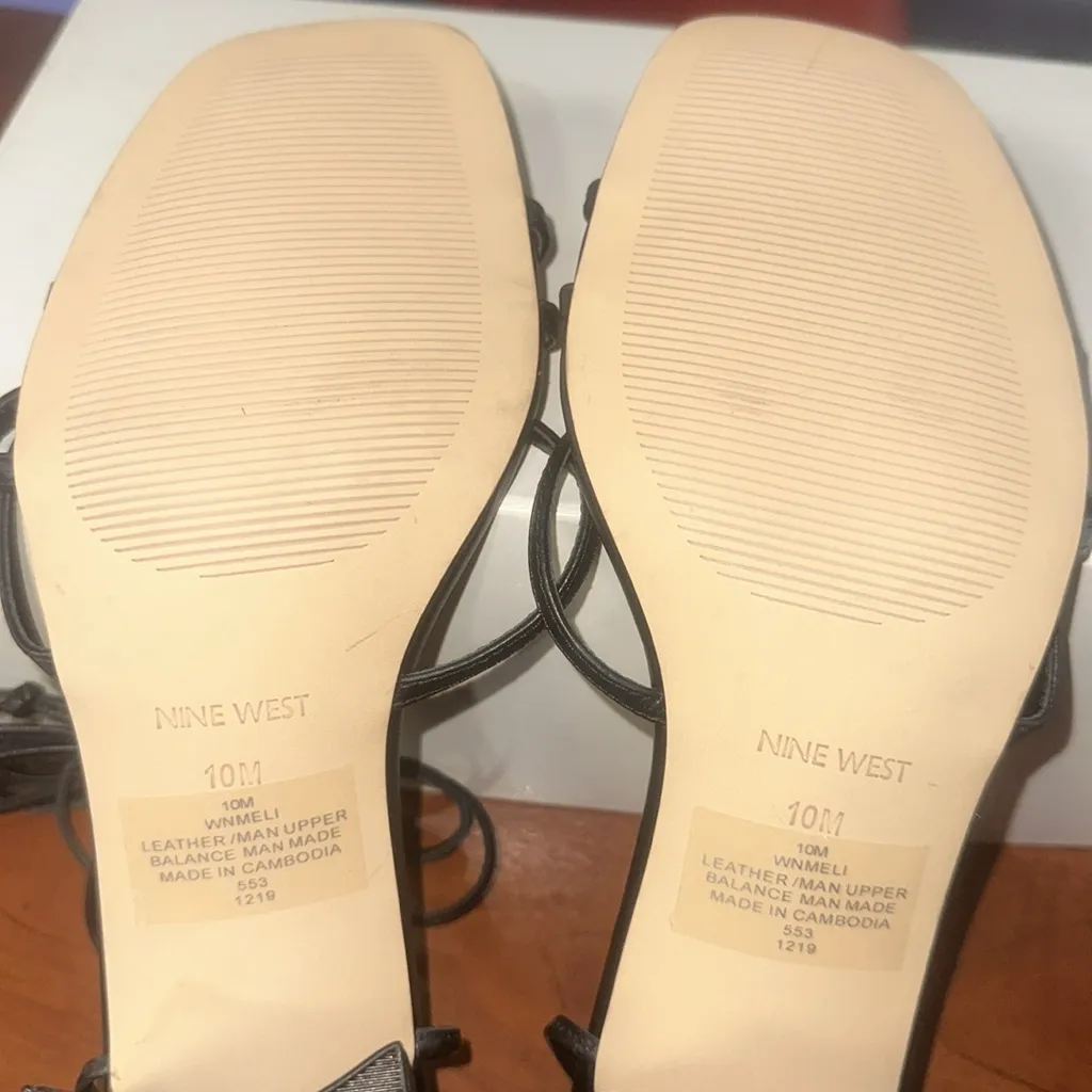 NEW Nine West Vintage 90s Leather Black White Two Tone Chunky Block Heel Sandals - Image 8