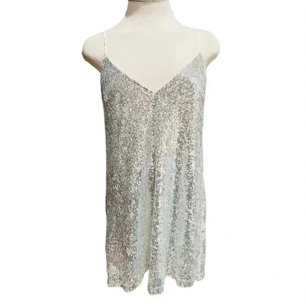 DELILAAH MINI DRESS STRAPPY V NECK SLIP SEQUIN DRESS IN SILVER SIZE 10 NWT - Image 11