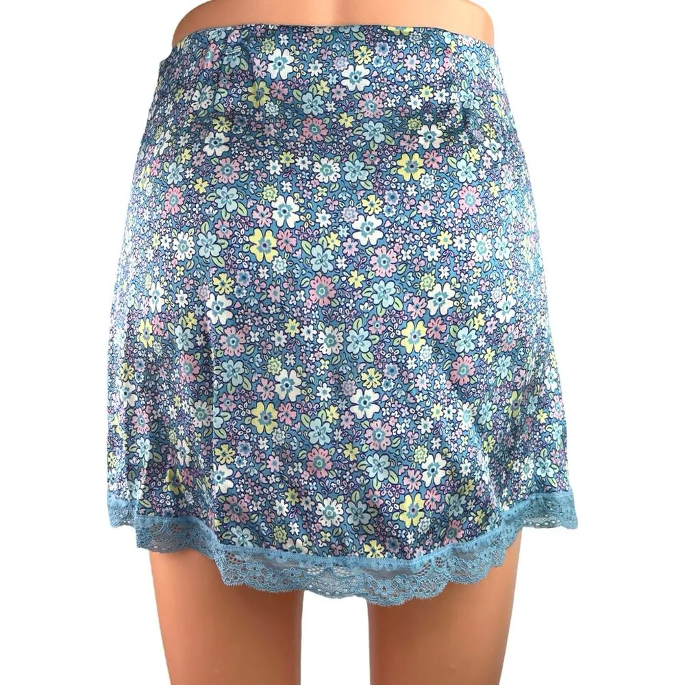 Frankies Bikinis Blue Lace Silk Satin Floral Print Mini Casual Pencil Skirt XS - Image 3