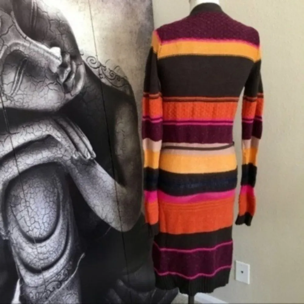 H&M Long Cardigan XS NWT Wool Striped Belted Tunic Colorful Striped Cozy Warm - Image 7