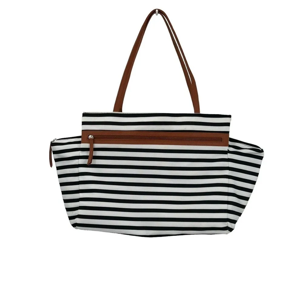 DSW Exclusive-Striped Overnighter Large Tote Bag Black White Canvas Strap Pocket - Image 3