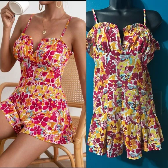 SHEIN Pink & Red Floral Romper - Image 2