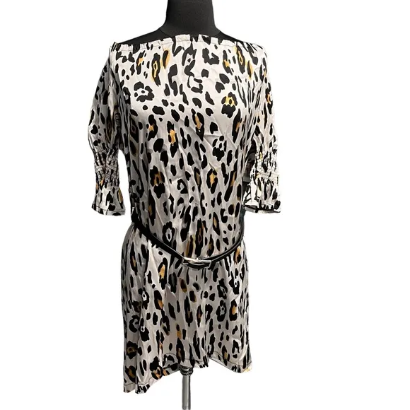 Alberto Makali Silk Off The Shoulder Leopard Animal Print Tunic Dress - Image 2