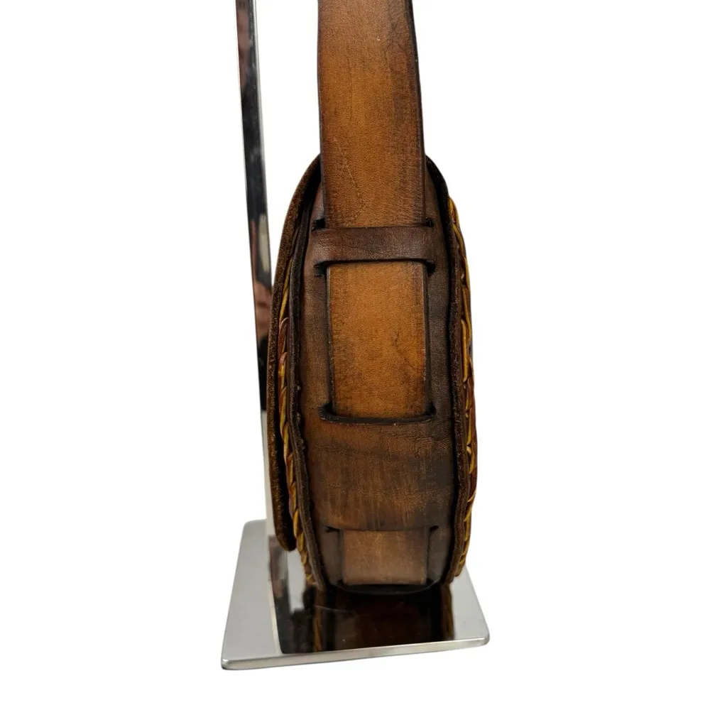 Vintage Floral Butterfly Tooled Thick Leather Braided Shoulder Bag Brown Hippie - Image 5