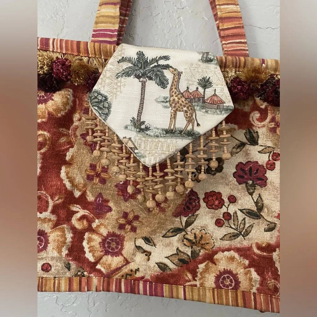 Handmade Folkloric Safari Floral M Sz Tote Purse Shoulder Bag Pompoms & Tassels Red - Image 5