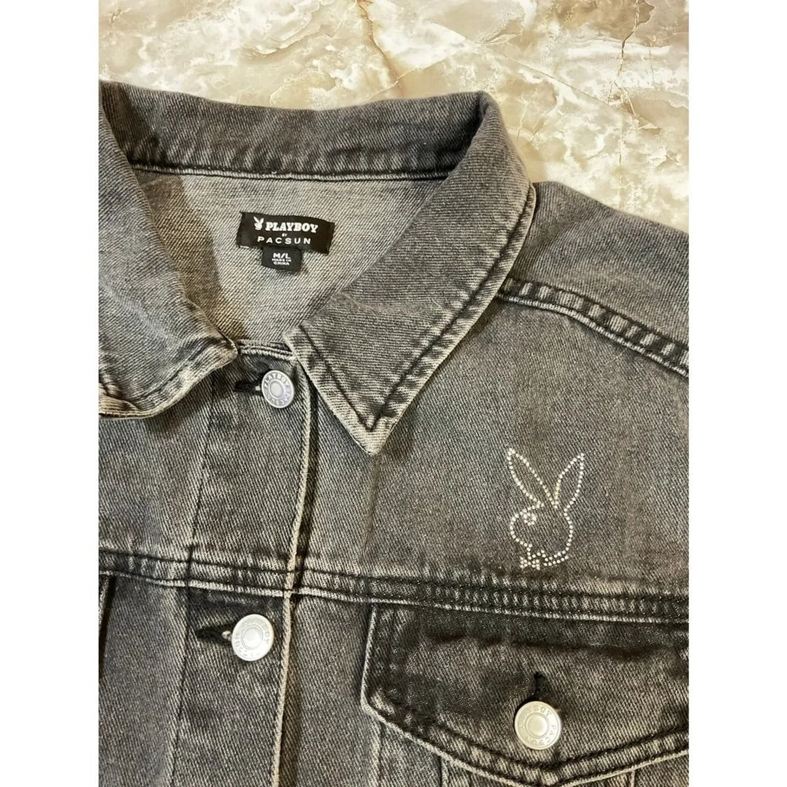 Playboy Pacsun Gray Rhinestone Denim Jacket Cropped Raw Hem Bunny Logo - Image 3