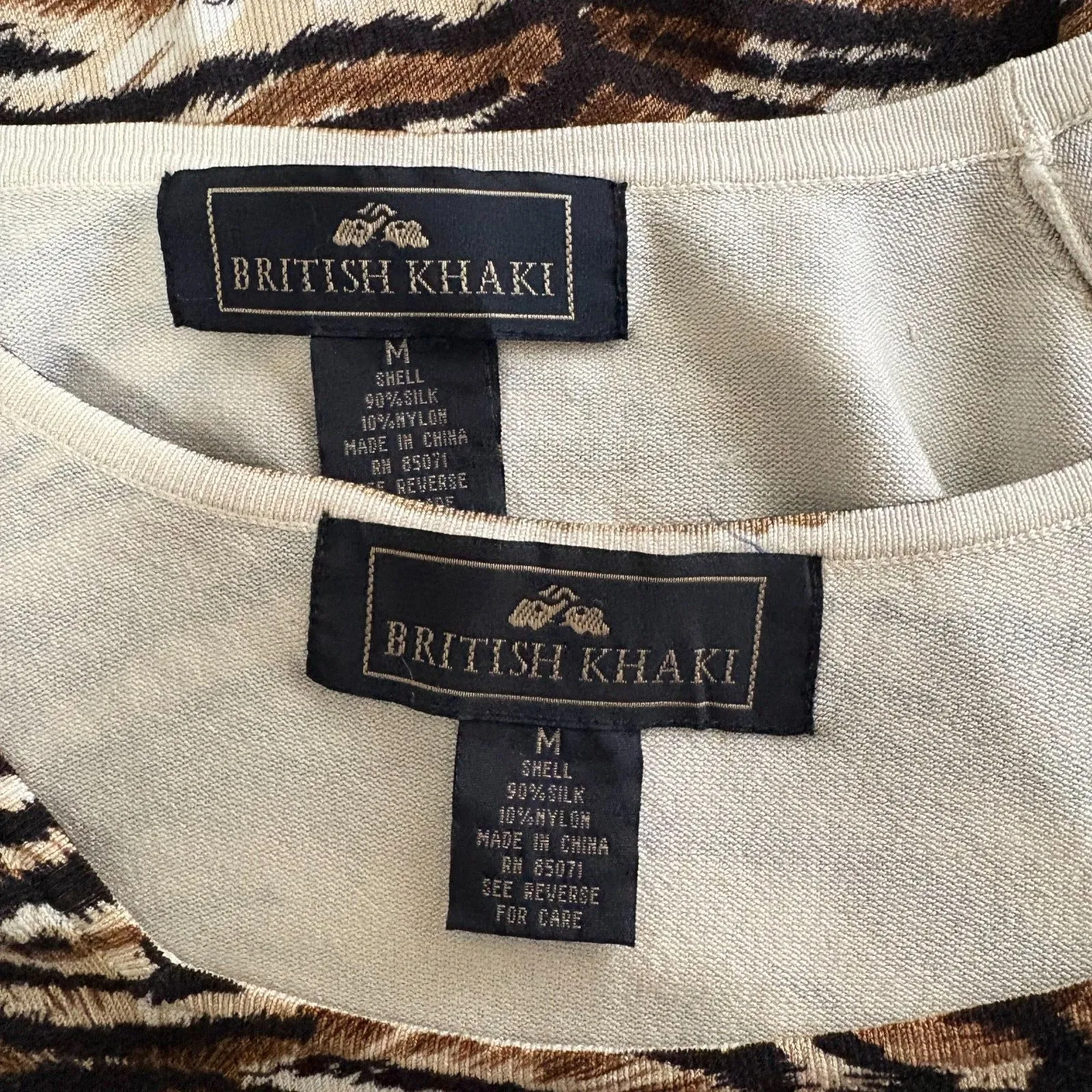 British Khaki Silk Blend Cardigan Set Tan Tiger Stripe 90s Modest Size Medium - Image 4