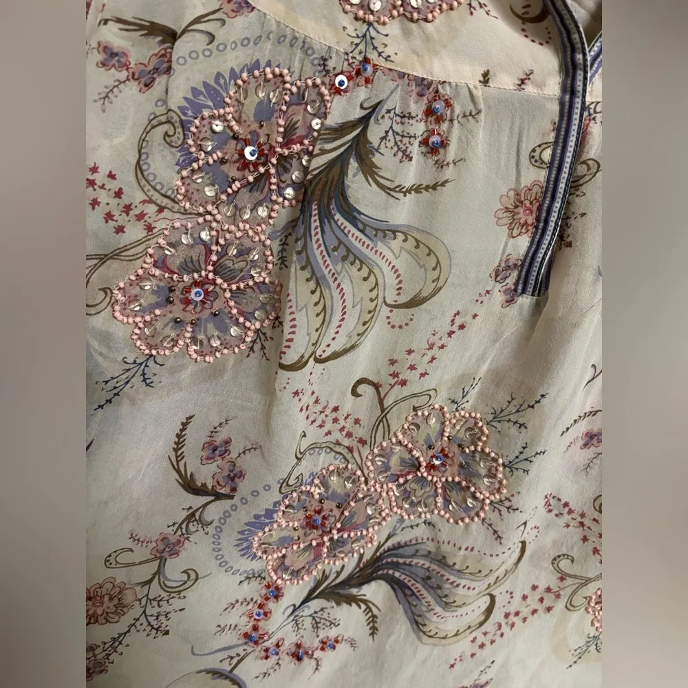 Sundance Size Small Silk Beaded Sequin Sheer Boho Floral Tunic Top Peasant - Image 3