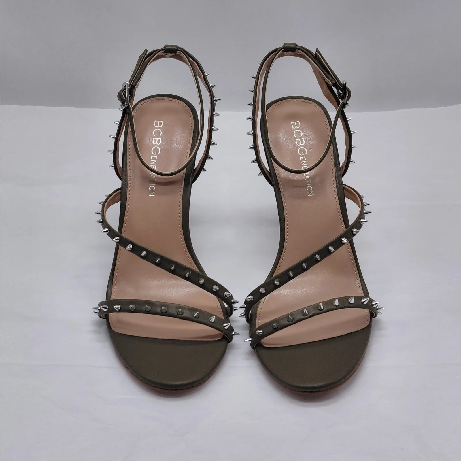 BCBGeneration Jillix Strappy Studded Heels Sandal 6.5 Olive Green Cocktail Party - Image 2
