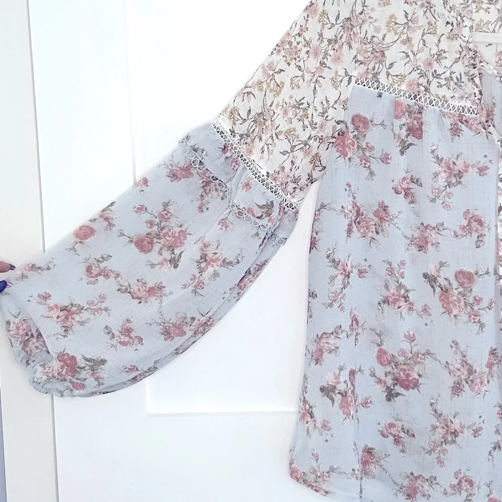 213. Blu Pepper Blue and Pink Floral bohemian style Blouse - Image 4