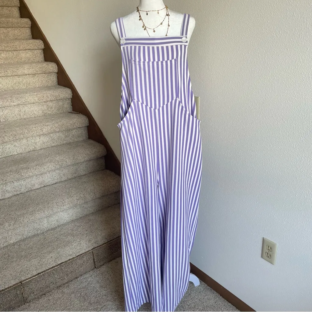 HALARA Pockets Stripe Waffle Overalls in Lilac Stripe Size Large - Image 3