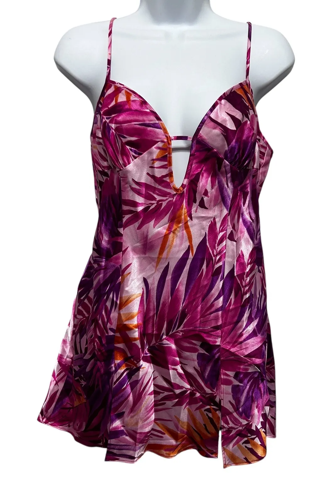 Y2K Fredericks Of Hollywood Womens Satin Cami Top M Pink Purple Tropical Print - Image 1