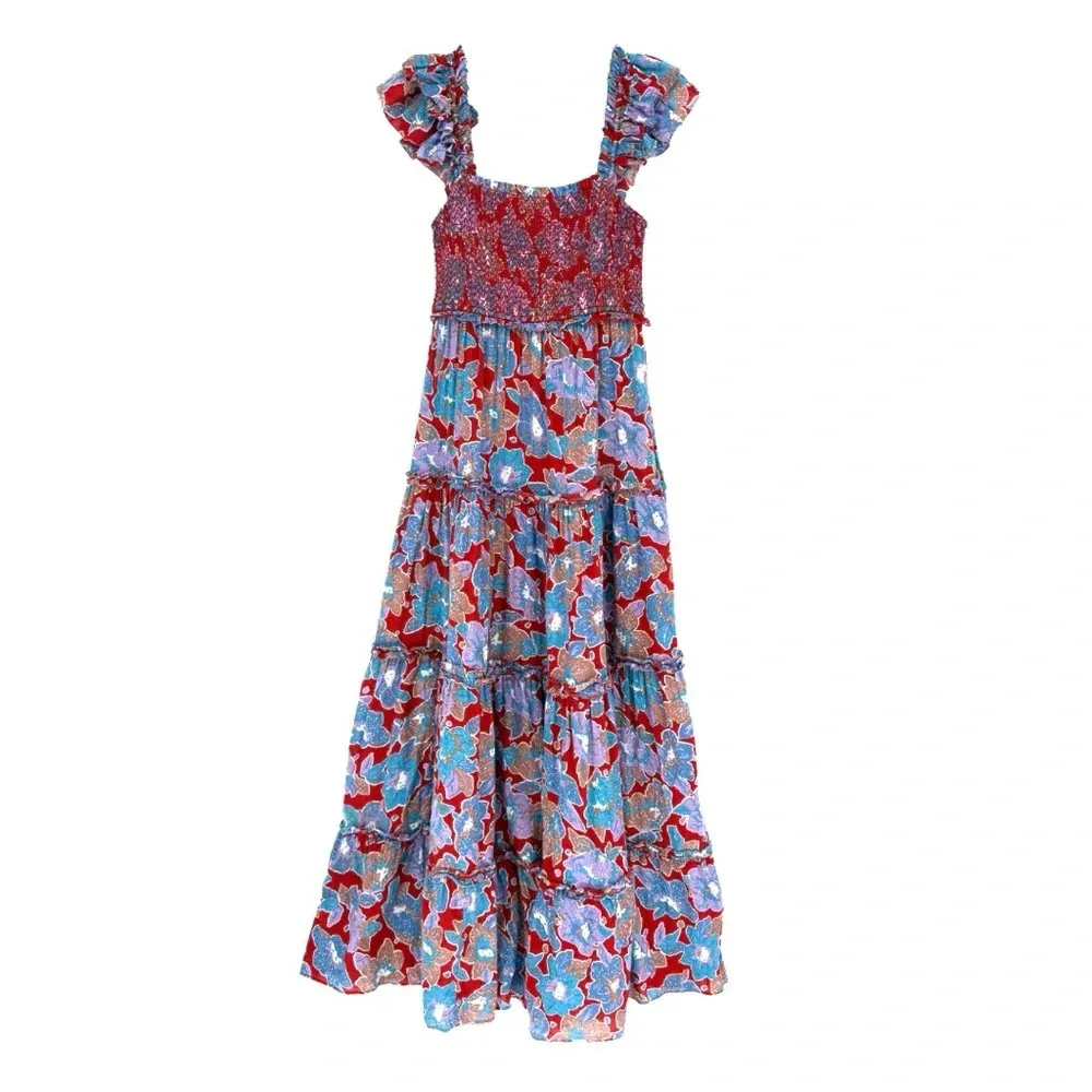 Love the Label Bouquet‎ Smocked Tiered Ruffle Skirt Maxi Dress Blue Red Floral - Image 3