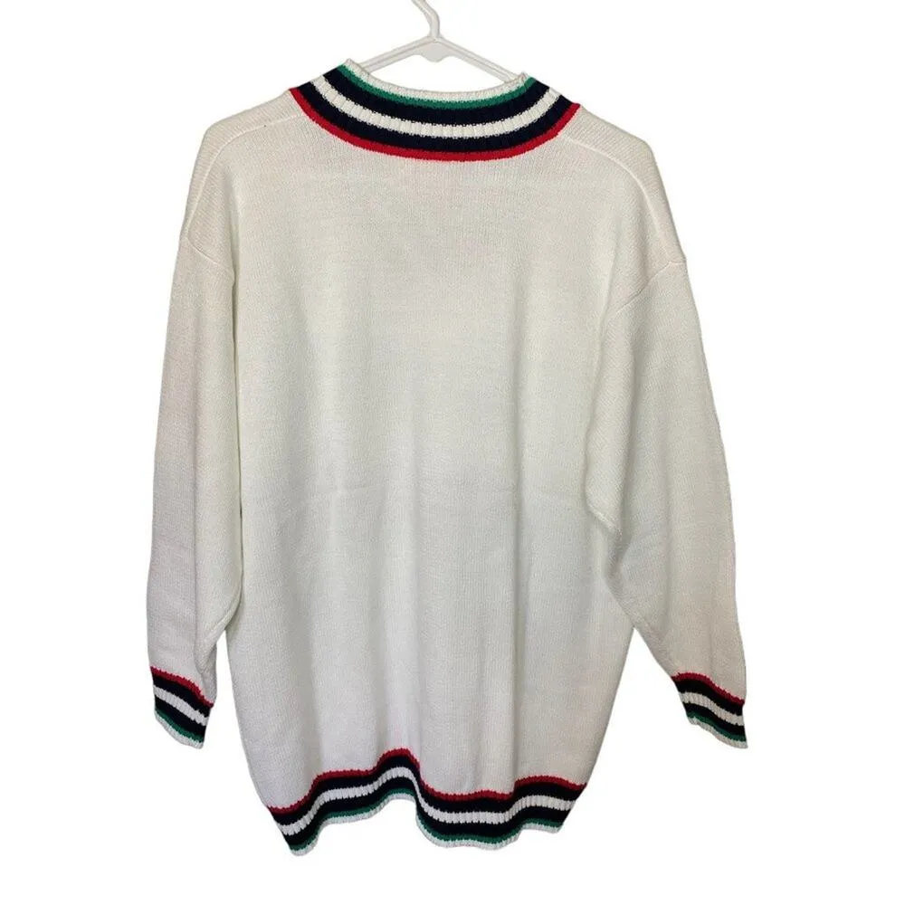 Liz & Co 90's Preppy, Tennis GreenBlue striped V Neck White Sweater Size Medium - Image 2