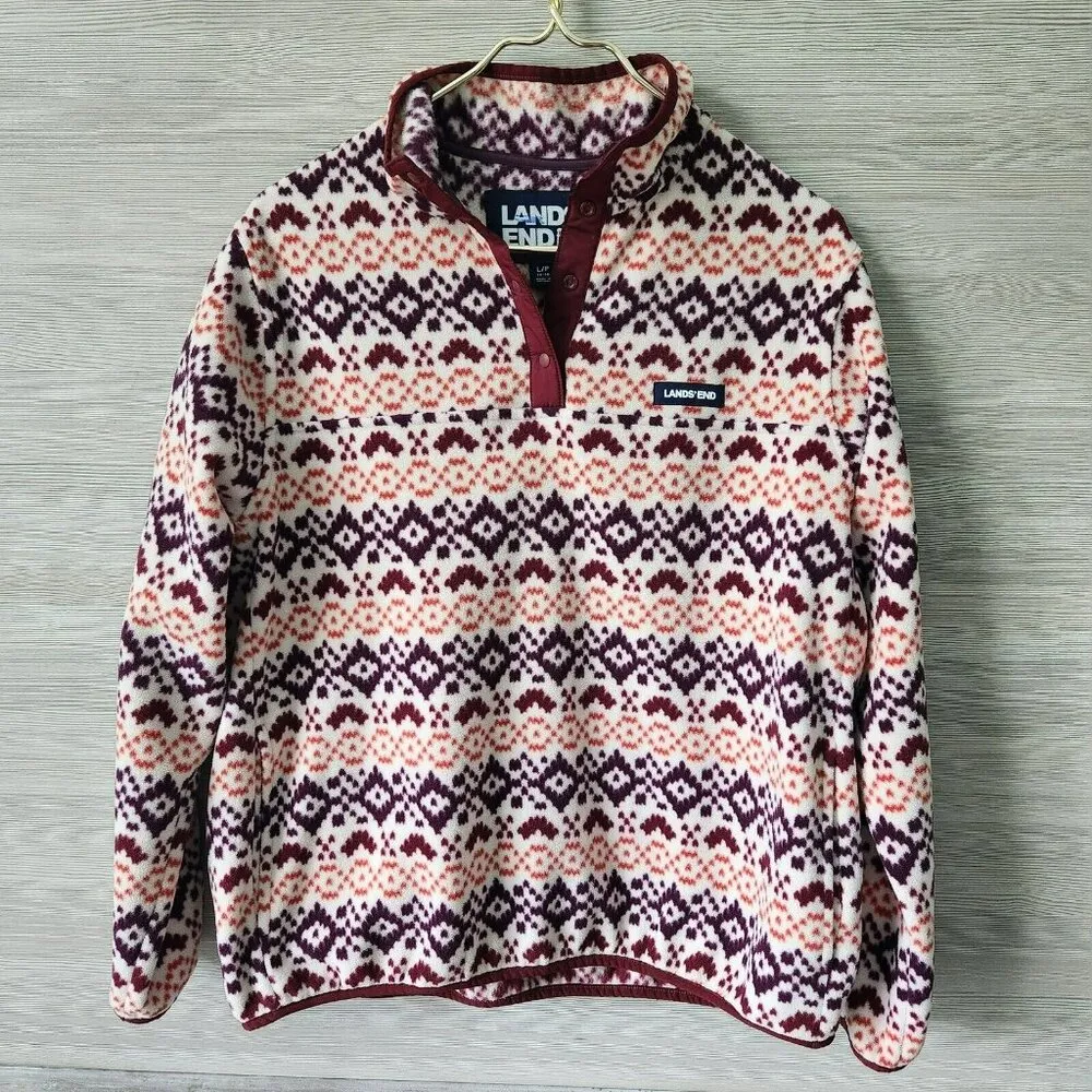 Lands' End Womens Multicolor Fair Isle Fleece Snap Pullover Sweatshirt Size L/P Red - Image 3