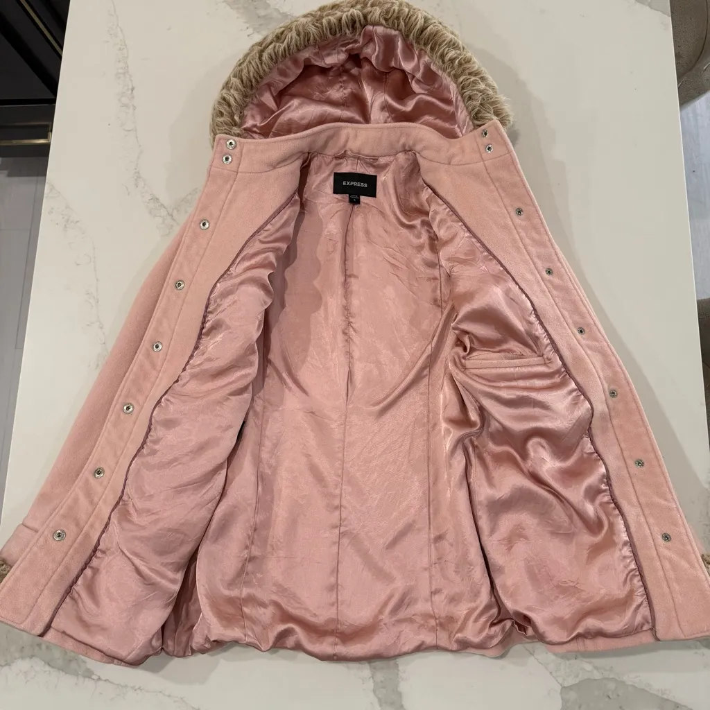 Express Button Front Wool/Cashmere Blend Pea Coat Faux Fur Trim Women’s 6 Pink - Image 6