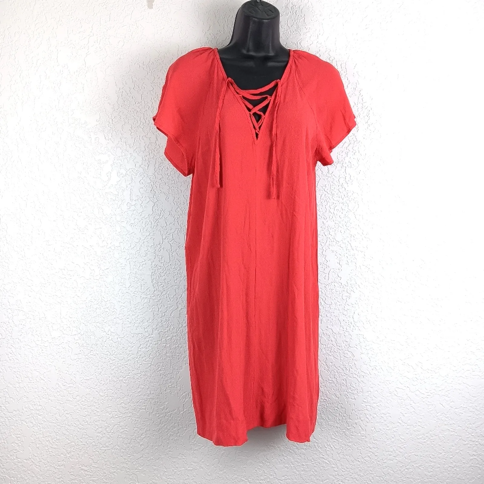 Madewell Red Lace Up V-neck Flutter Sleeves Shift Dress Size M - Image 3
