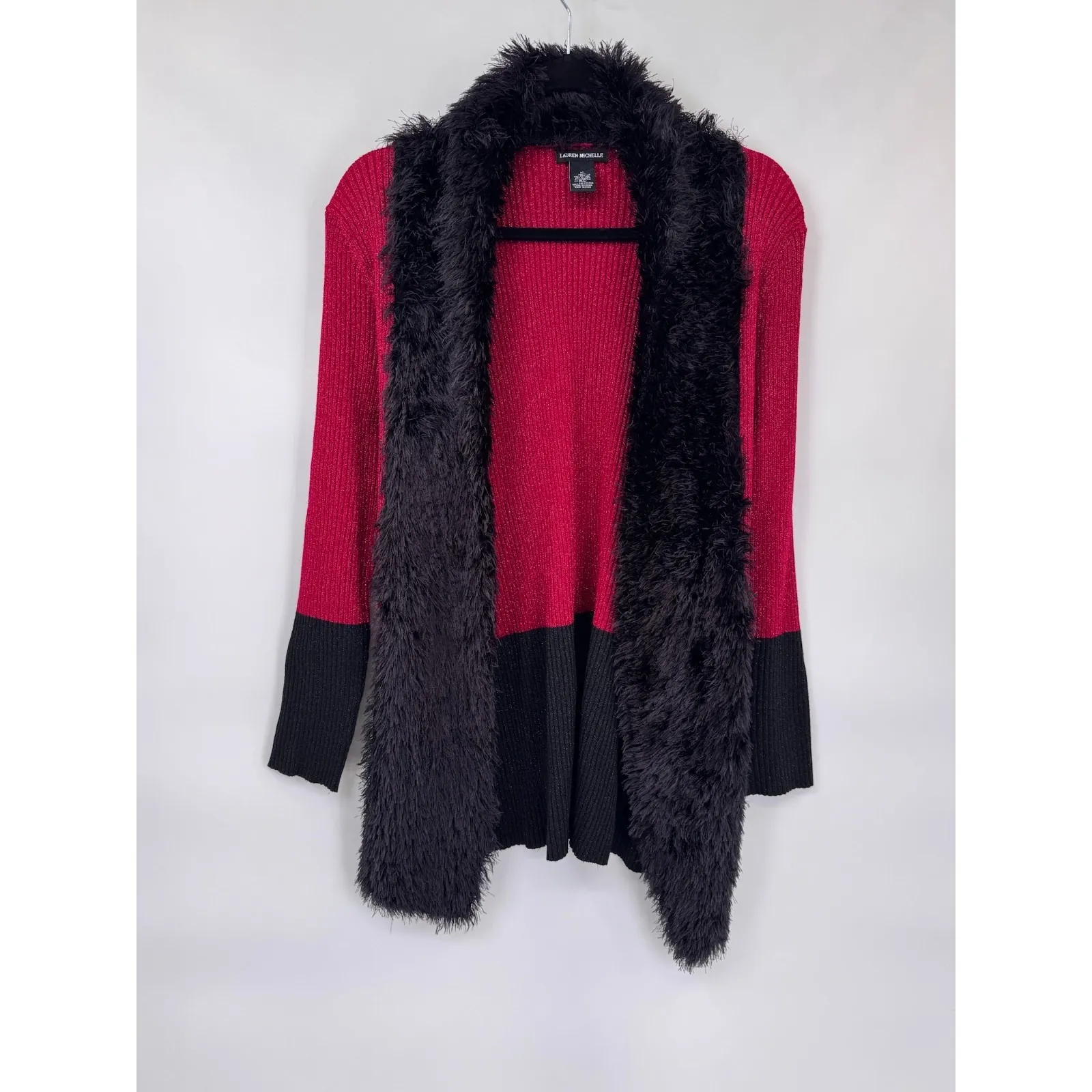 Vintage Y2K Lauren Michelle Cardigan Sweater Womens M Red Black Faux Fur Sparkle Size M - Image 2