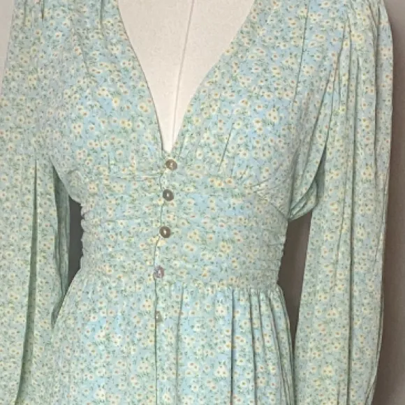 ACOA Cottage Prairie light green Floral Smocked Maxi Dress XS - Image 4