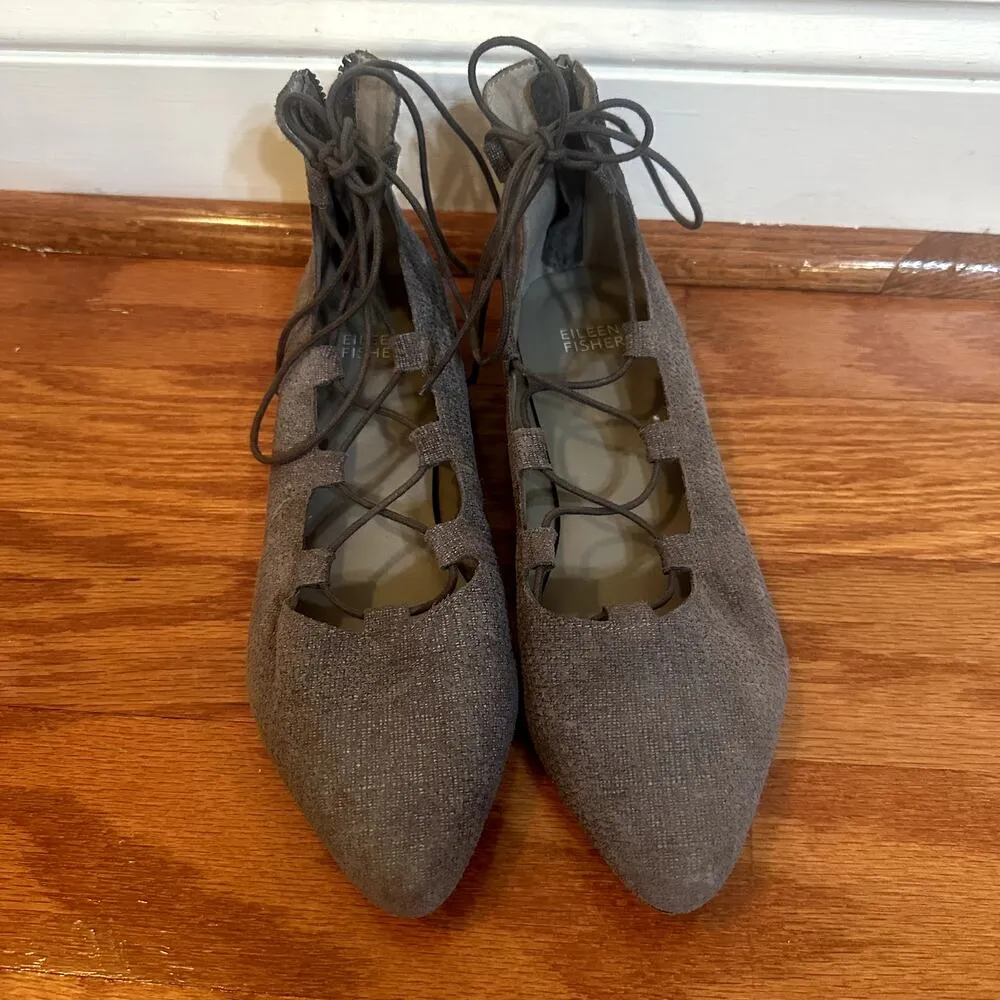 Eileen Fisher Loop 2 Lace Grey Flats sz 7 Leather Suede Flats Lace Up ballet - Image 2