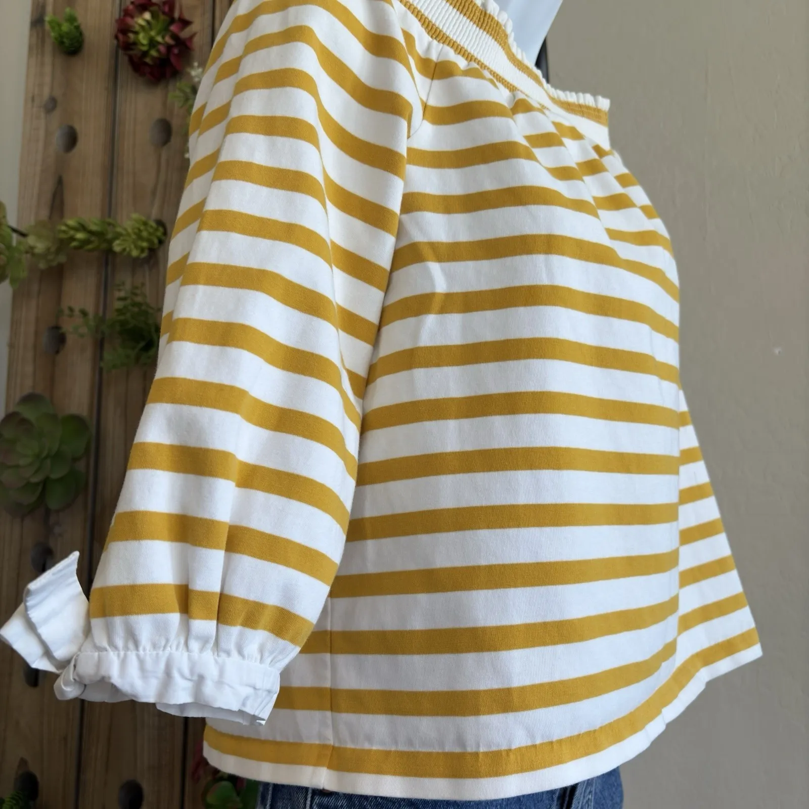 J Crew Womens‎ Cotton Stripe Printed Off The Shoulder Blouse Yellow White Size M - Image 3