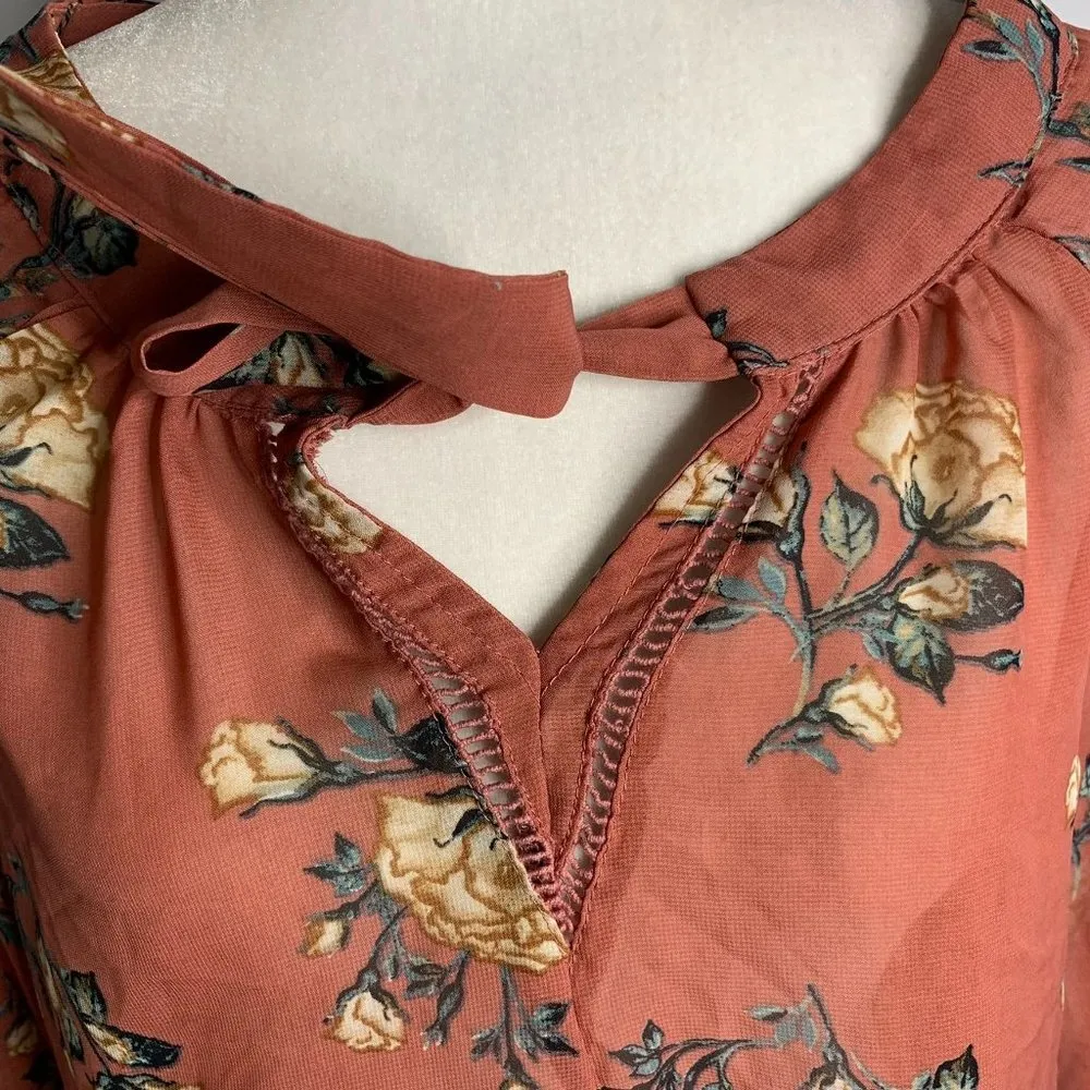 Milk & Honey Boho Floral Blouse M Dark Pink Tie Neck Sheer Balloon Sleeves - Image 3