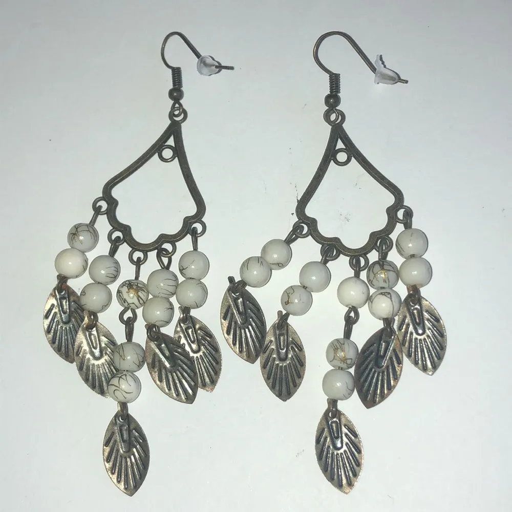 Huge Brass Tone & White Stone Beaded Boho Statement Pierced Earrings - Image 6