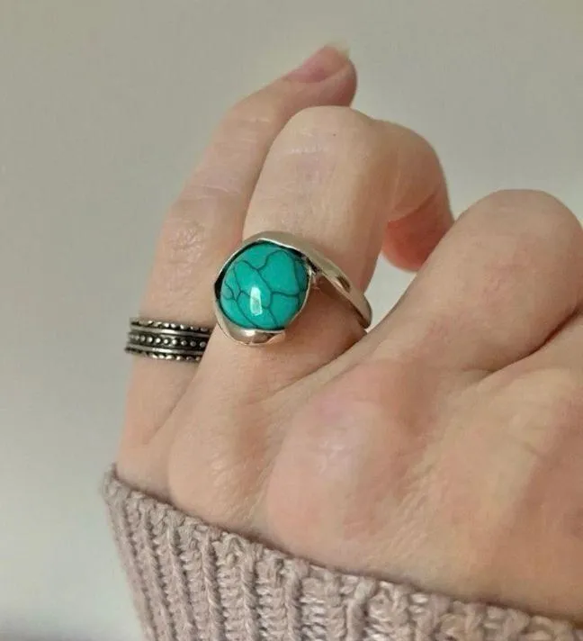 “BillyMae” Southwestern Blue Turquoise Silver Ring 6 Cowgirl Maximalist - Image 9