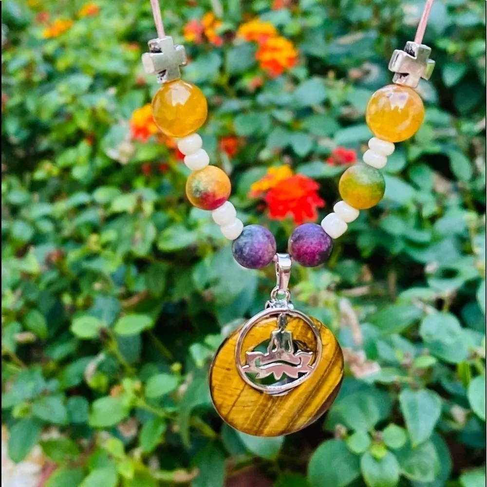 Tigers Eye Yoga Gemstone Leather Adjustable Necklace - Image 4