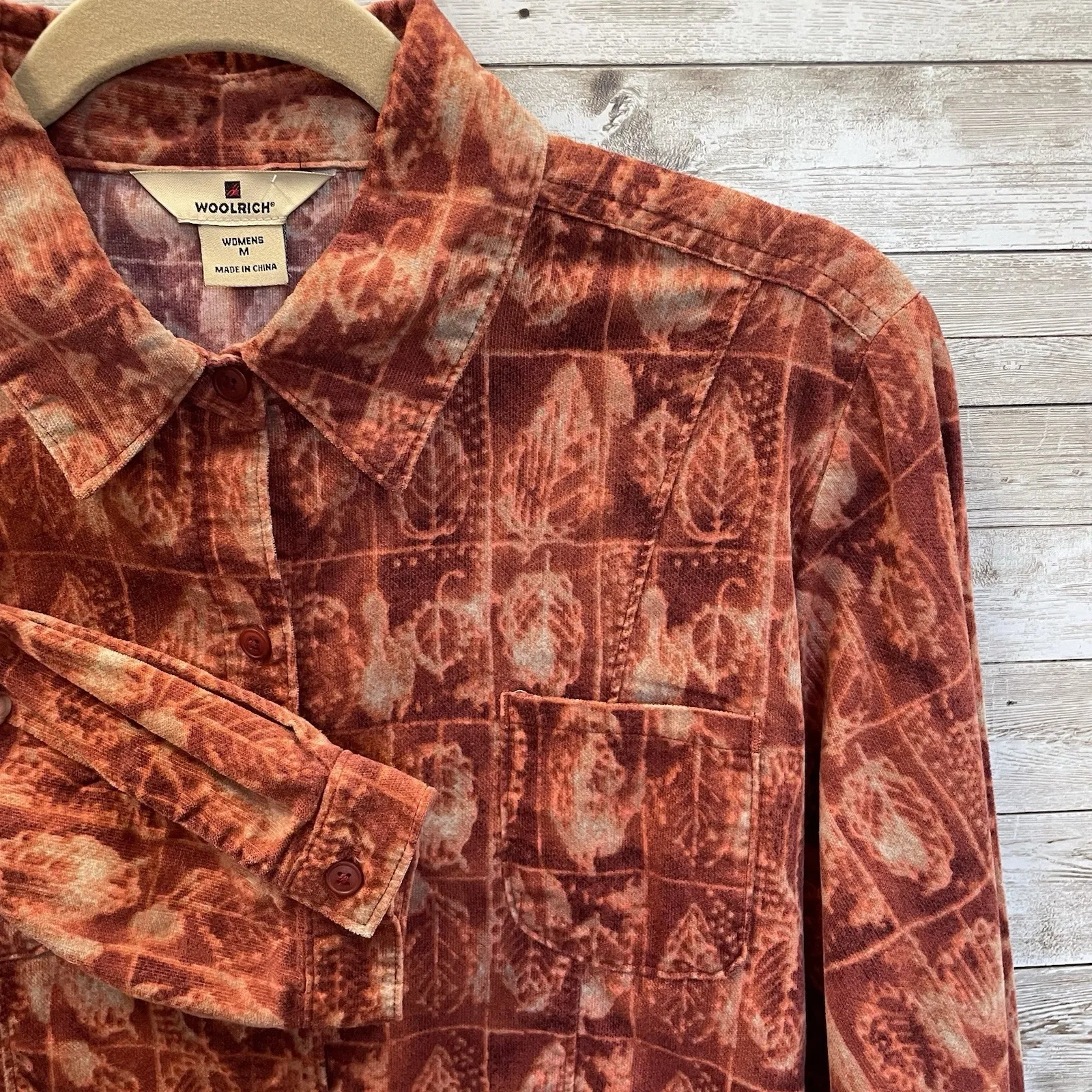 Woolrich Womens M Shirt Rust Leaf Print Micro Wale Corduroy Button Front Cotton‎ - Image 2