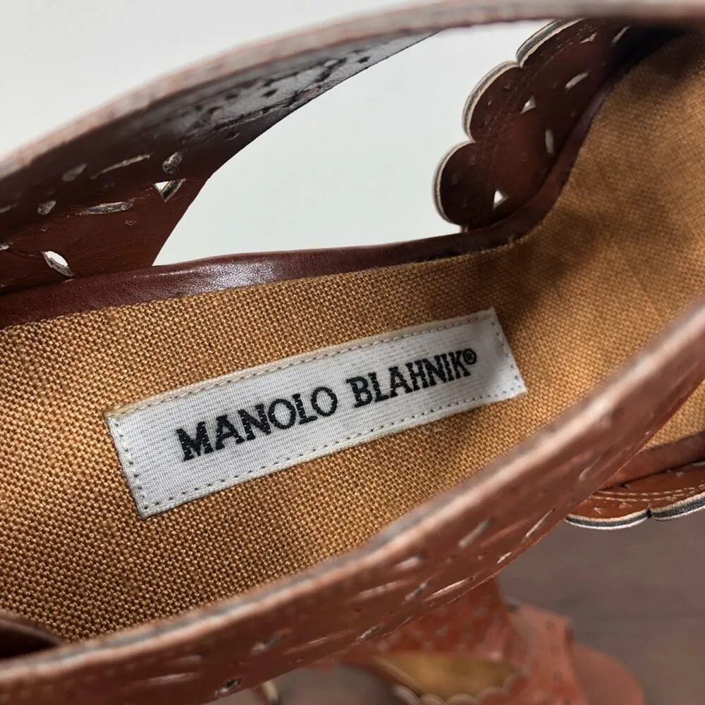 Manolo Blahnik Brown Perforated Open Toe Lace Back Sandals Heels Size 38 - Image 2
