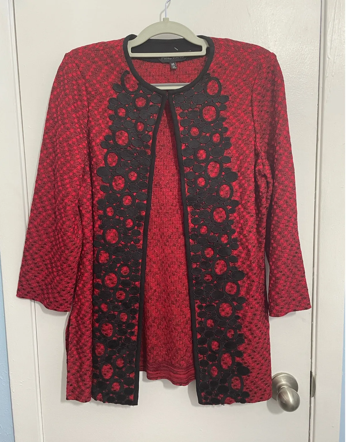 Ming Wang Marled Knit Cardigan Sweater XS Red Black Embroidered Valentines NWT - Image 1