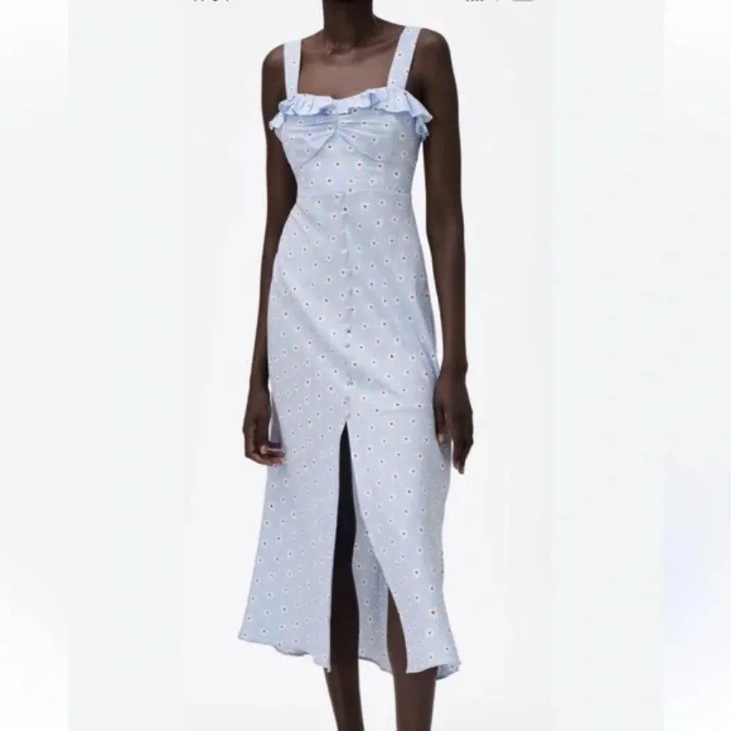 Zara‎ Blue Flower Print Linen Blend Button Front Midi Dress - Image 2