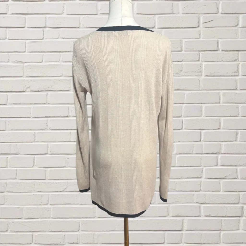 Neiman Marcus Silk Linen Ribbed Cardigan Beige Black Trim Neutral Scandi Size M - Image 3