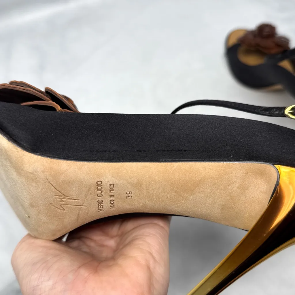 Giuseppe Zanotti Vintage Y2K Leather Croc Flower Silk Mary Jane Heels Black 39 - Image 8