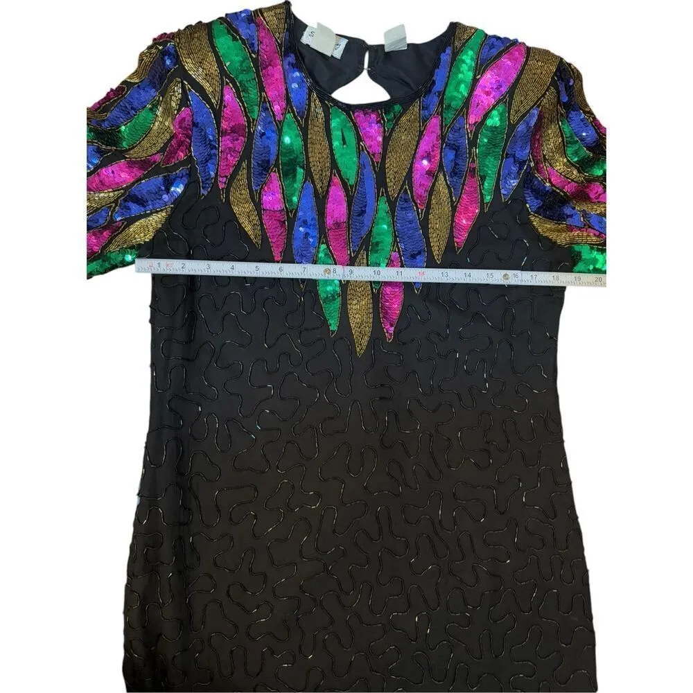 Vintage Stenay Mardi Gras 100% Silk Rainbow Sequins Shoulder Pads Party Dress Sz Black Size 12 - Image 10