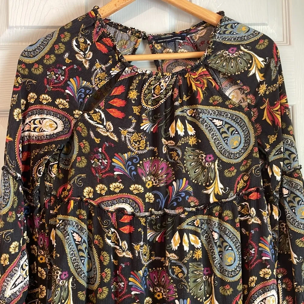 American Eagle Outfitters Women's S Black Multicolor Open Back Tiered Mini Dress - Image 2