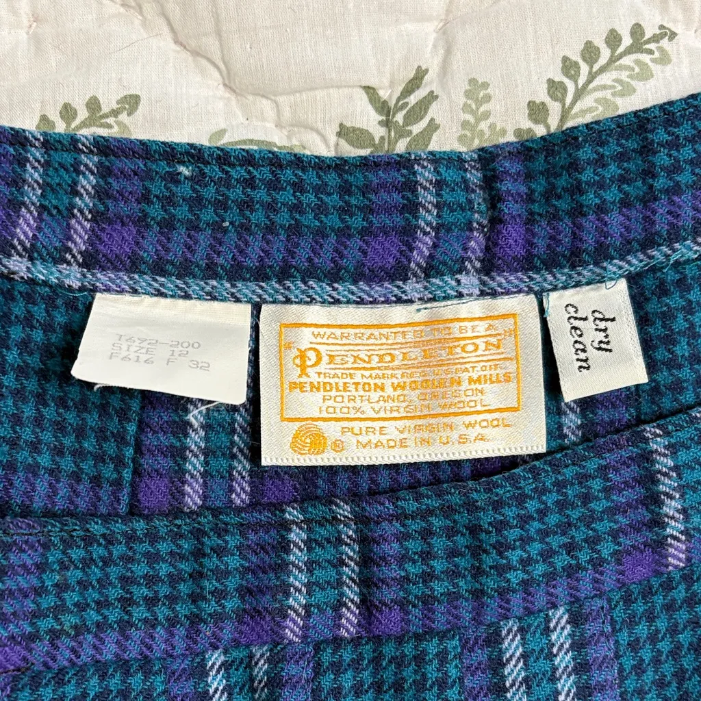 Vintage Plaid Pleated Blue Purple 100% Wool Women's Skirt - Image 3
