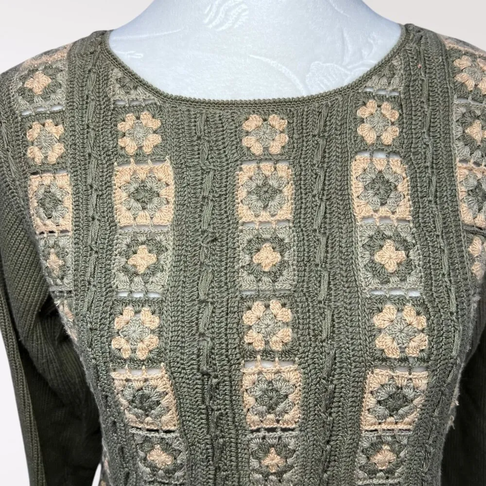 Vintage Olive Green Patterned Knit Sweater XS 90s - Image 2