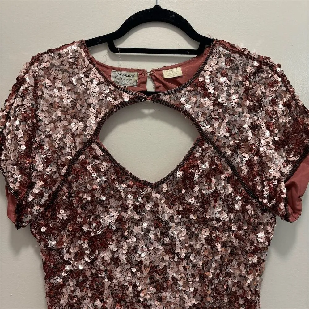 Stenay Sequin Cutout Short Sleeve Mini Dress Rose Gold Sparkly Party Silk Pink Size 10 - Image 2