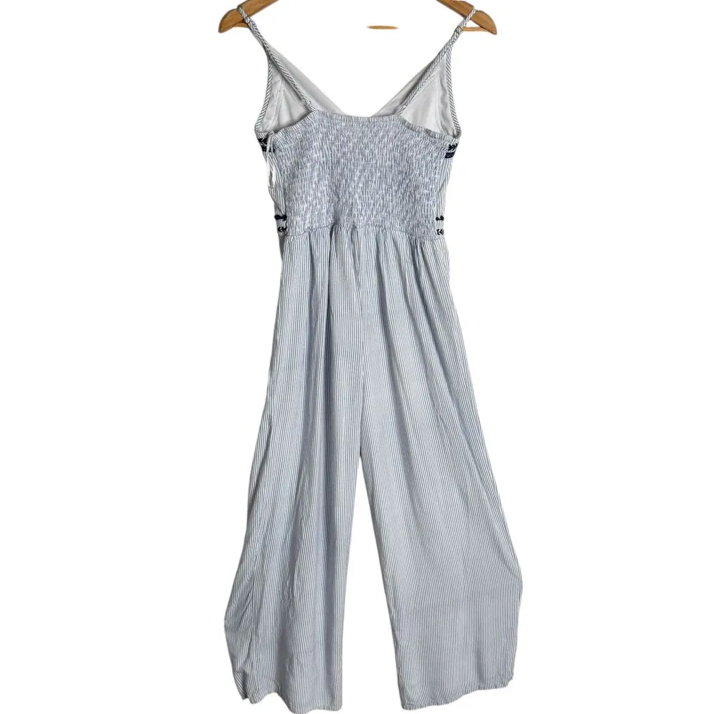 Japna Embroidered Blue Striped‎ Jumpsuit Smocked BOHO Chic Resortwear Size S - Image 4